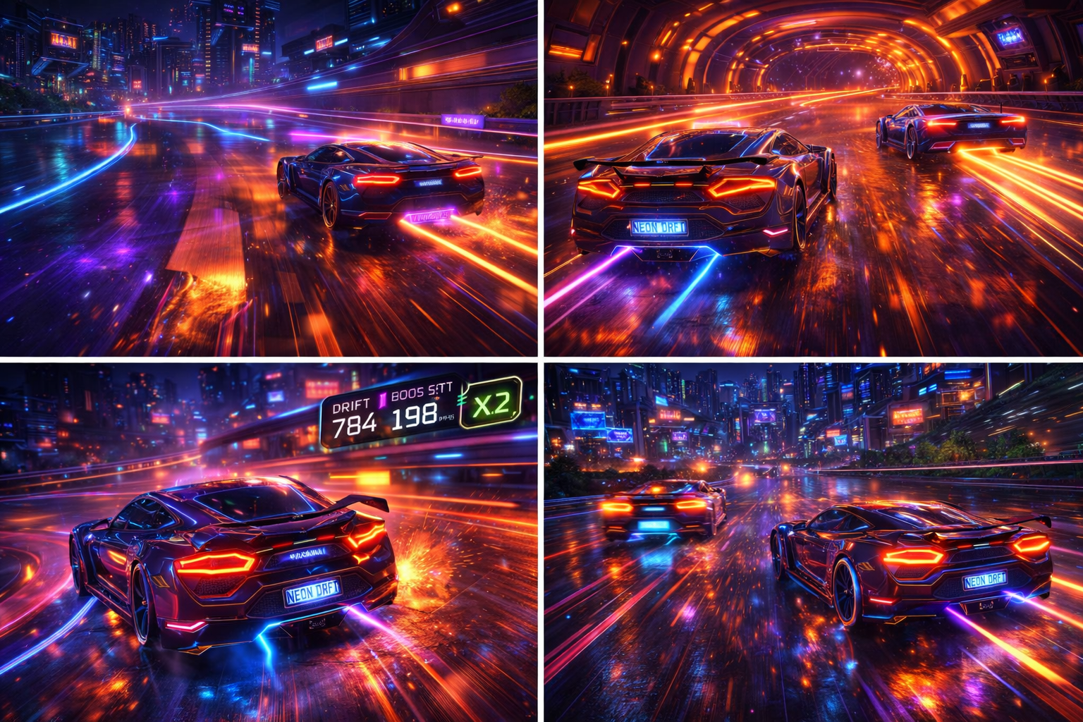 Neon Drift car drifting on a neon-lit track during Update 1.2